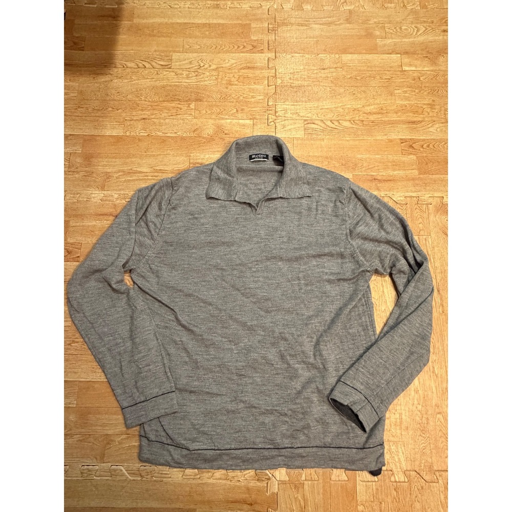 Brandini Italy Mens XL Merino Wool Long Sleeve Polo Sweater Grey Extra Fine Knit